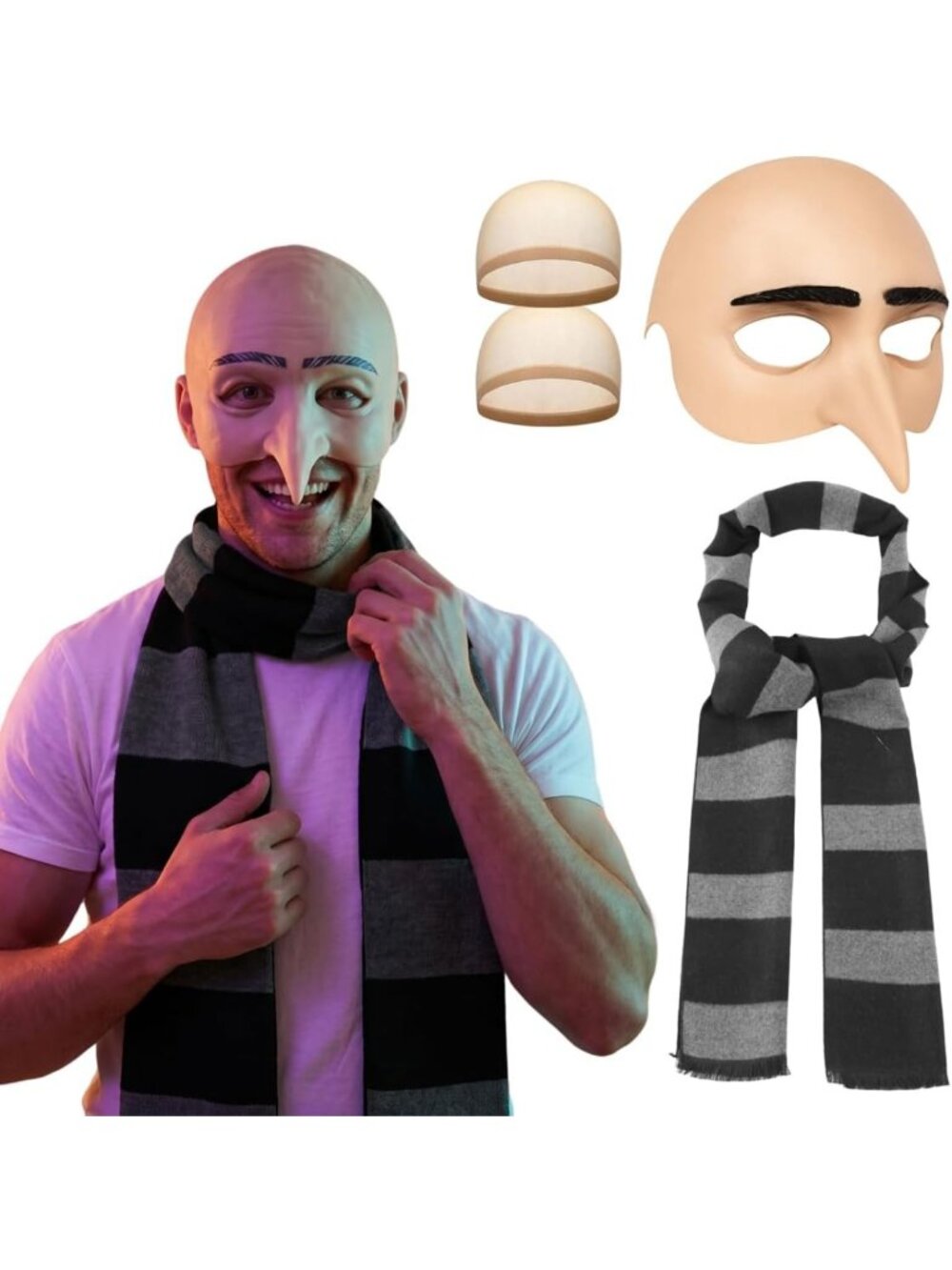 3Pcs Halloween Latex Nose Masks & Striped Scarf Set - Spooky Costume Accessories